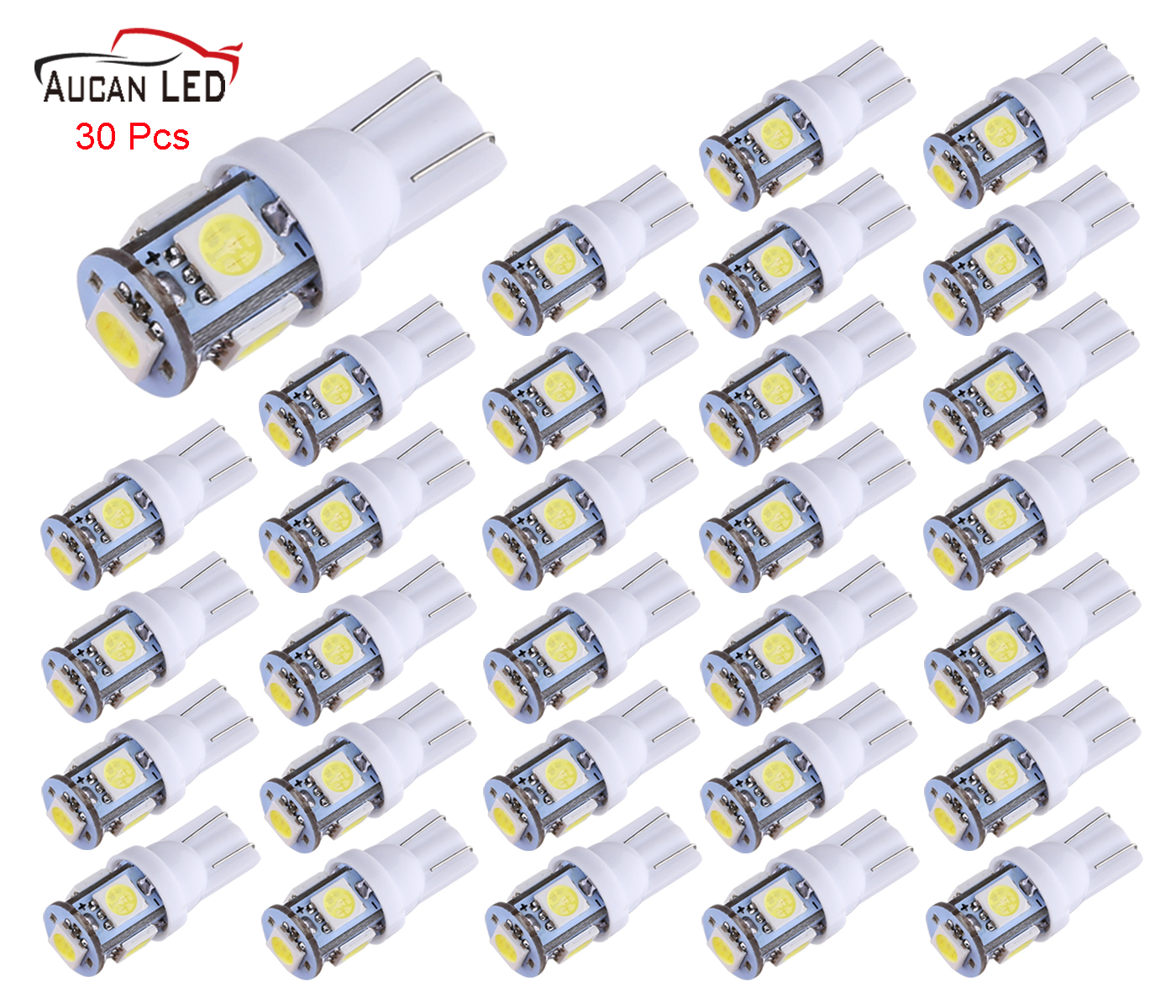 Aucan LED 30-Pack White Replacement 194 T10 168 2825 W5W 175 158 Bulb 5050 5- SMD LED Light , 12V Car Interior Lighting For Map Dome Lamp Courtesy Trunk License Plate Dashboard Lights