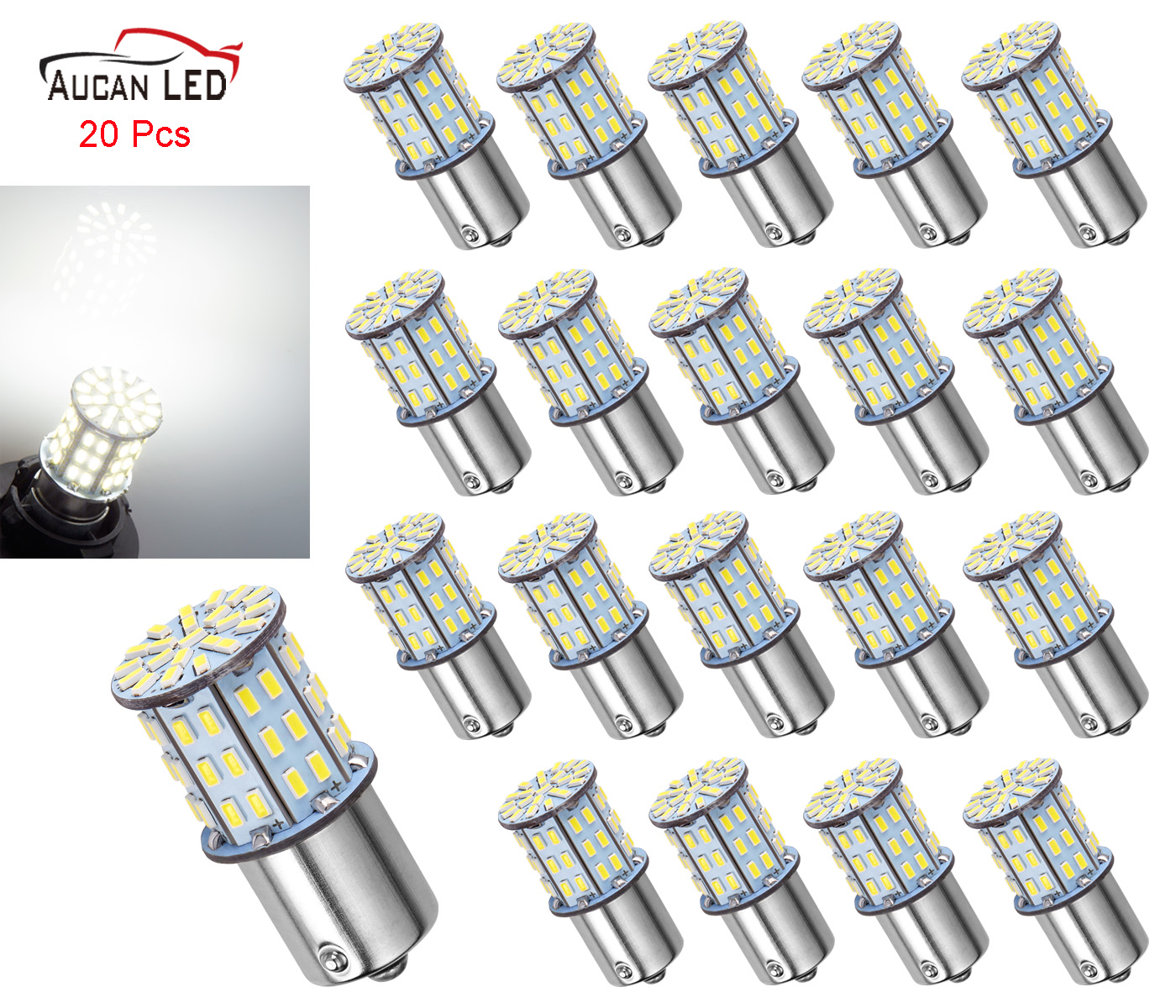 Aucan LED 20Pcs Extremely Super Bright 1156 1141 1003 1073 BA15S 7506 64-SMD 3014 LED Bulbs Use for Back Up Reverse Lights,Brake Lights,Tail Lights,Rv lights 6000K Xenon White